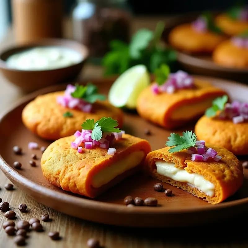 Arepas doradas y crujientes de lentejas y ñame sobre un plato de barro, con semillas de sésamo visibles en la superficie. Acompañadas de una salsa verde (guasacaca) y rodajas de aguacate, en un fondo rústico con elementos venezolanos como una servilleta de tela a cuadros.