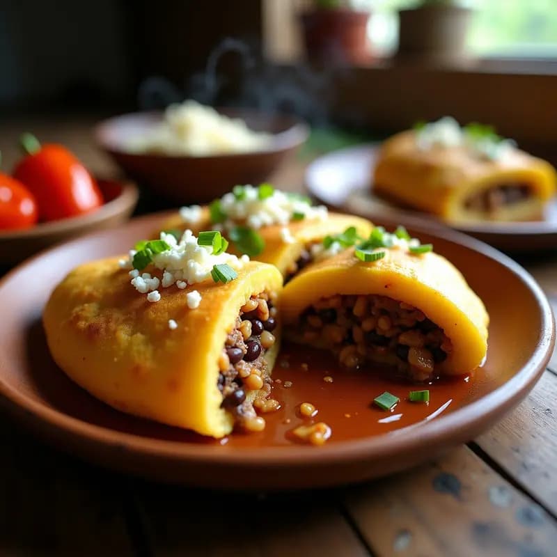 Plato con arepas de maíz amarillo doradas y abiertas, rellenas de pabello al ají con carne molida, frijoles negros, arroz, plátano maduro caramelizado y queso blanco desmenuzado, acompañadas de ají dulce picado. Receta venezolana económica y alta en proteína.