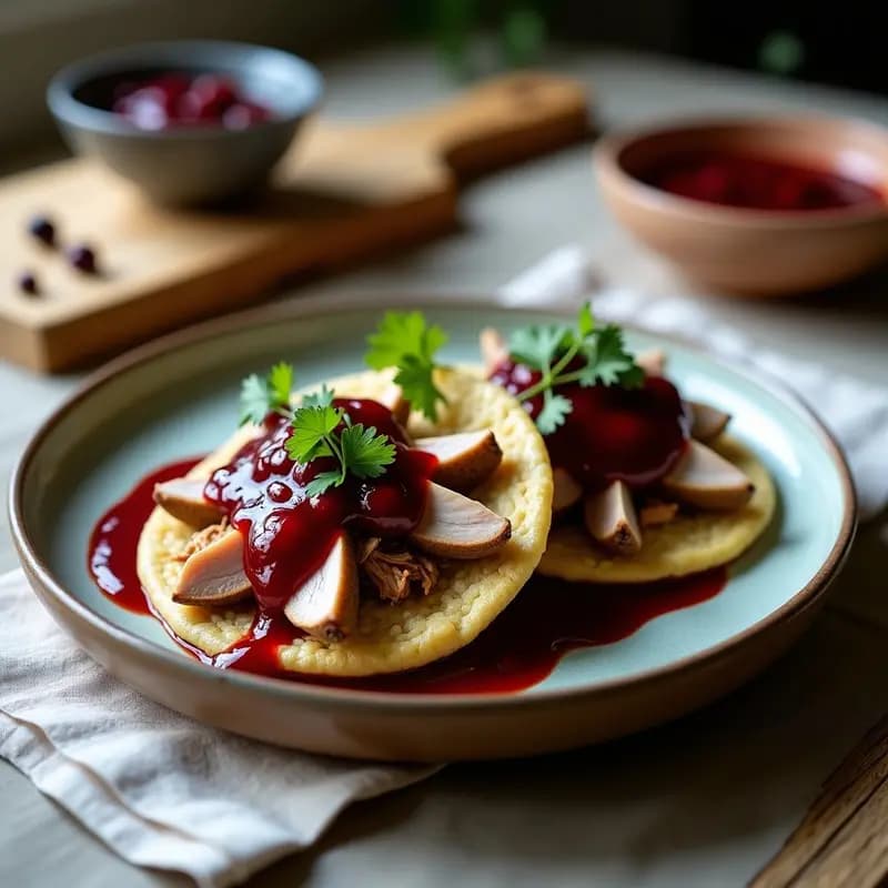 Plato gourmet con arepas de maíz azul abiertas, rellenas de pato ahumado desmenuzado y bañadas en salsa de cereza brillante, decoradas con cilantro fresco sobre un mantel rústico de lino.