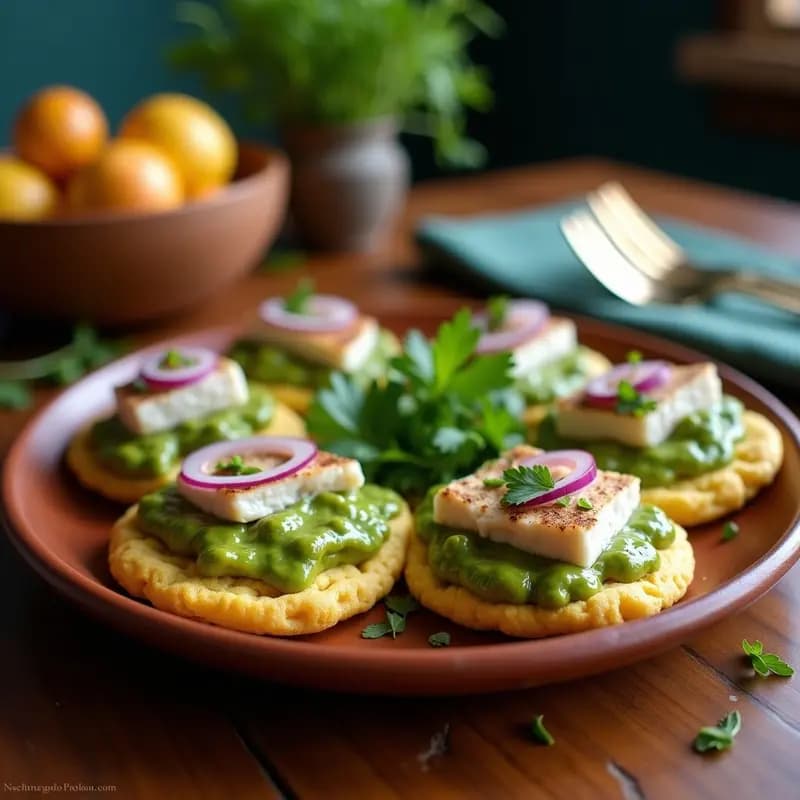 Arepas doradas de maíz azul abiertas por la mitad, rellenas de pescado blanco desmenuzado, bañadas en mojo verde vibrante y acompañadas de rodajas de aguacate, sobre un plato de barro rústico con fondo de madera oscura.