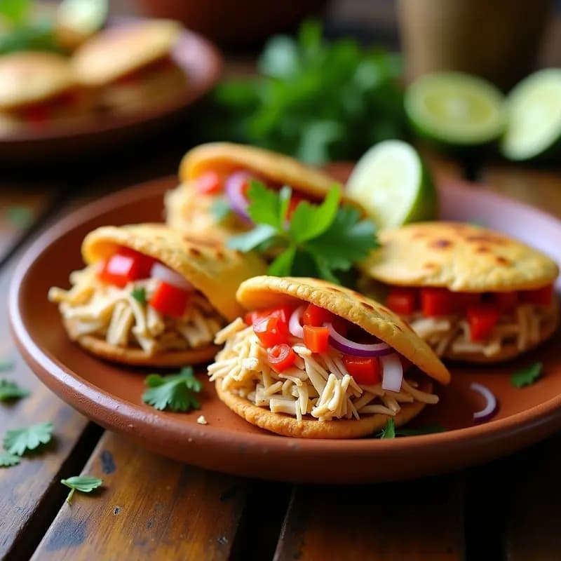 Arepas doradas de maíz azul cortadas por la mitad, rellenas de pollo desmenuzado jugoso, cebolla morada y pimentón rojo, servidas en un plato de barro con cilantro fresco y rodajas de limón al lado. Receta colombiana sin gluten.