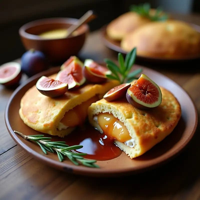 Arepas de maíz azul abiertas por la mitad, rellenas de queso de cabra cremoso y higos caramelizados con almíbar brillante, espolvoreadas con almendras fileteadas y romero. Plato rústico de barro con fondo oscuro, iluminación cálida que resalta el contraste de colores azules, blancos y dorados.