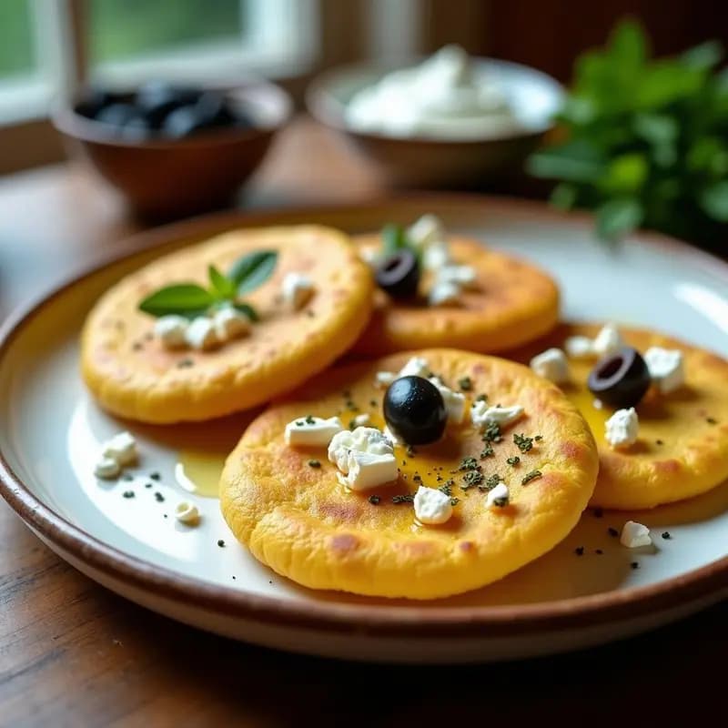 Arepas doradas de maíz azul con trozos de queso feta y aceite de oliva virgen extra, servidas en un plato de cerámica blanca con aceitunas kalamata y orégano espolvoreado, versión griega de un clásico latino.