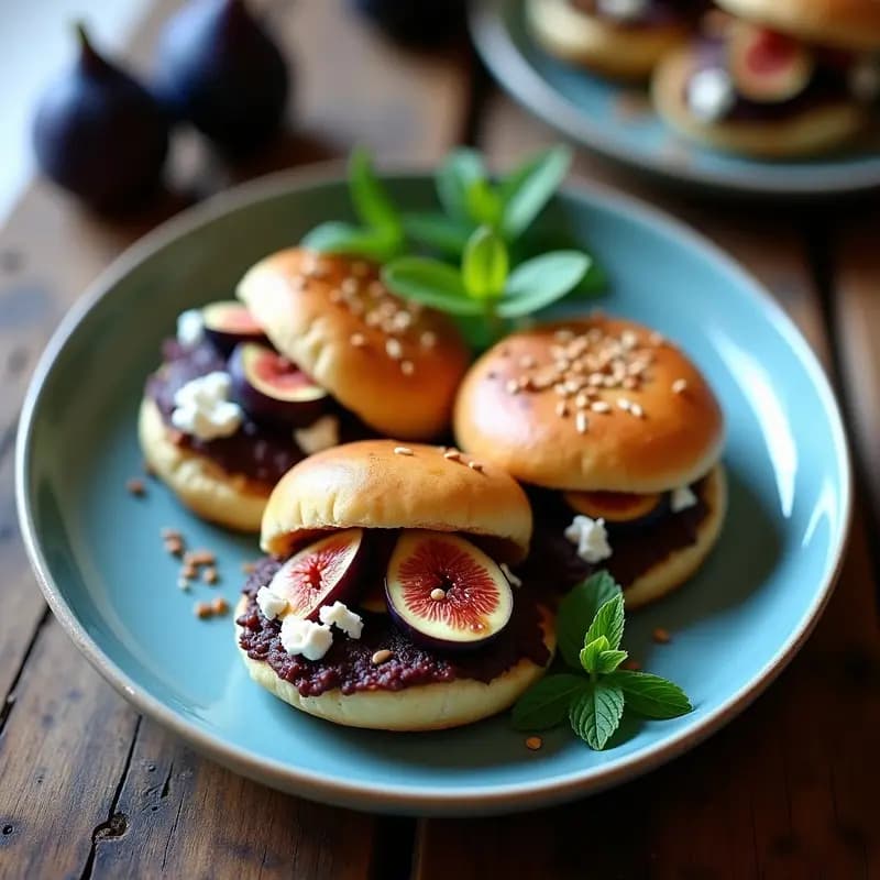 Plato de arepas de maíz azul abiertas, rellenas de queso feta desmenuzado, higos frescos macerados en miel y decoradas con semillas de sésamo y hojas de menta, receta venezolana-griega fusion.