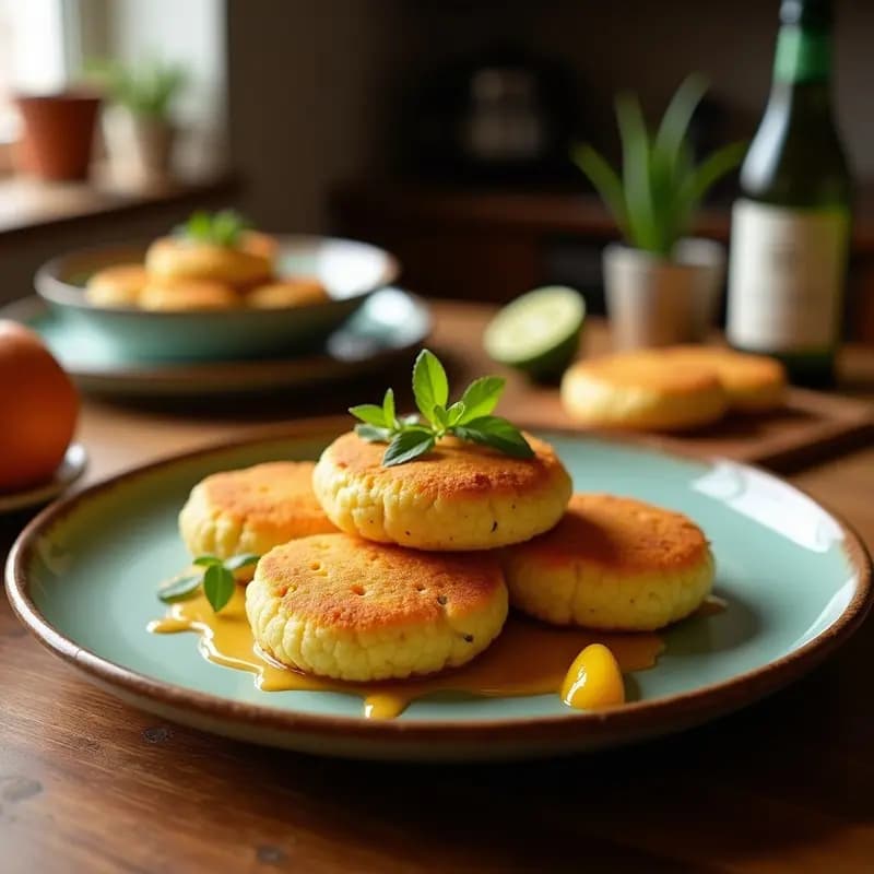 Arepas doradas de maíz blanco abiertas por la mitad, rellenas de pavo desmenuzado jugoso y arándanos hidratados, servidas en un plato rústico de madera con decoración navideña de fondo.