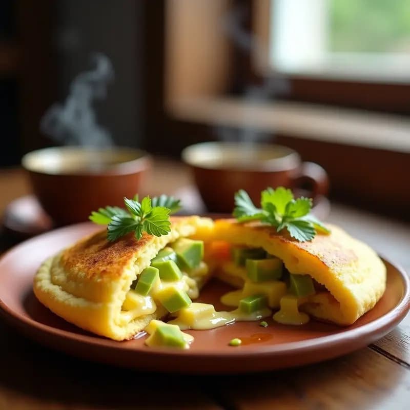 Arepas doradas de maíz blanco abiertas por la mitad, rellenas de queso de mano desmenuzado y crema de aguacate con limón, servidas en un plato de barro rústico sobre una mesa de madera con ingredientes frescos al fondo.