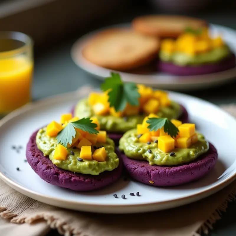 Plato blanco con dos arepas de maíz morado abiertas, rellenas de guacamole cremoso de mango y decoradas con semillas de chía y cilantro fresco, sobre un mantel de lino rústico con fondo borroso.