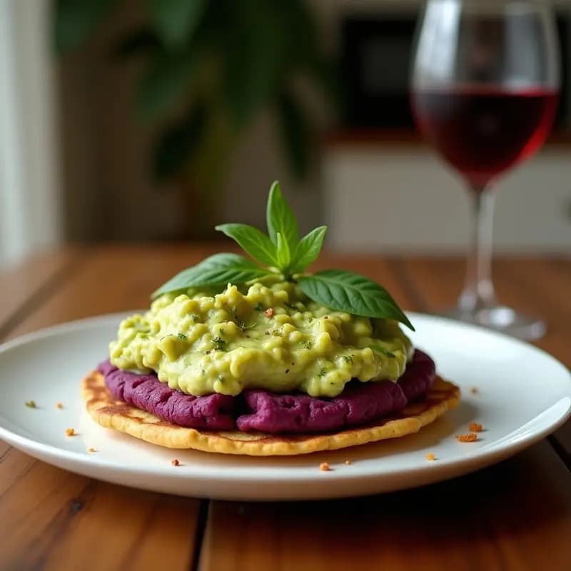 Plato con arepas de maíz morado cortadas por la mitad, rellenas de una cremosa guasacaca verde de aguacate y espinacas, decoradas con hojas de cilantro y semillas de comino. Receta vegana colorida y venezolana.
