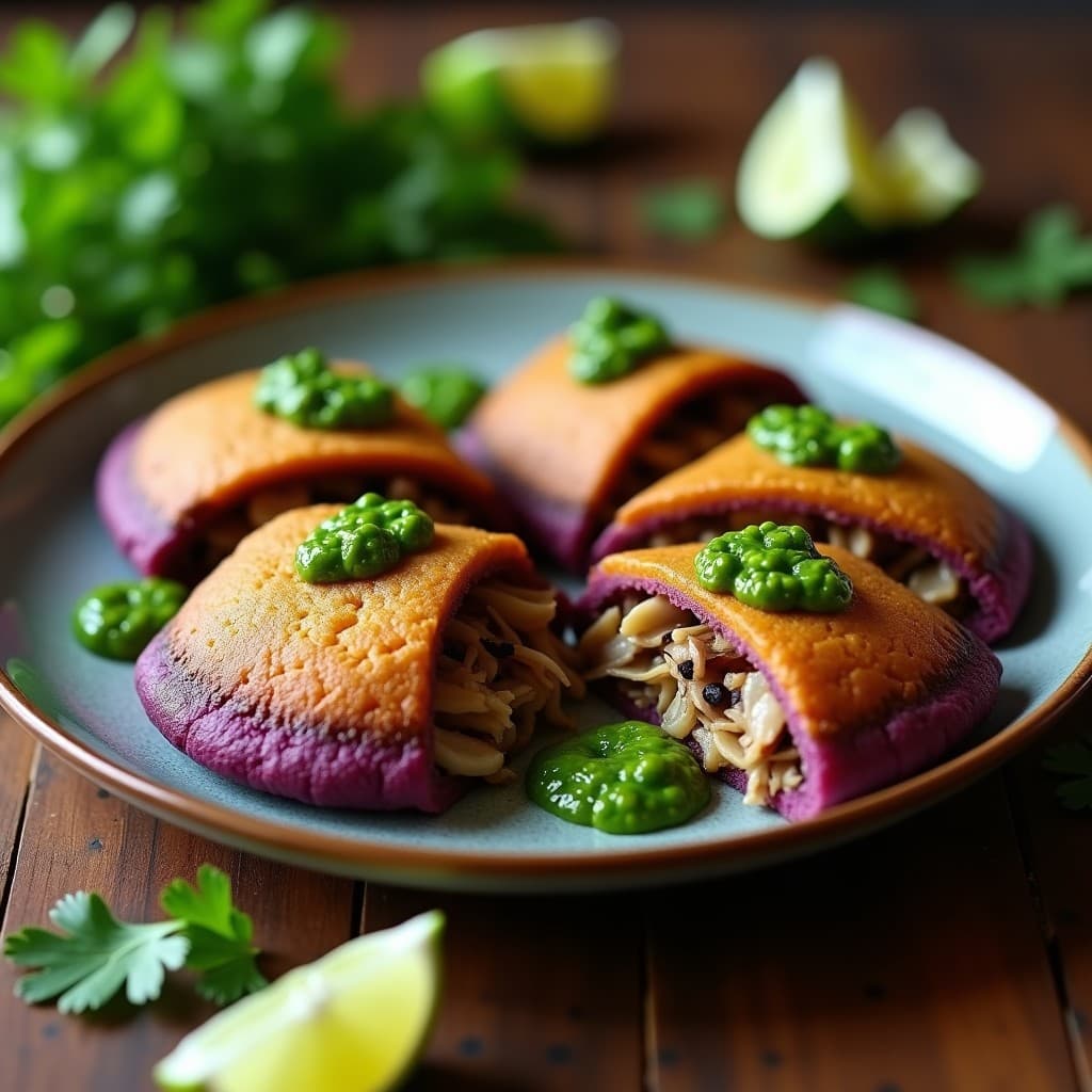 Arepas de maíz morado doradas y crujientes abiertas por la mitad, rellenas de hongos ostra salteados con cebolla morada y bañadas en chimichurri verde brillante. Plato vegano venezolano con fondo de hojas de cilantro.