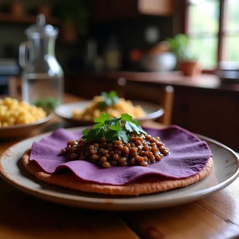 Plato con arepas de maíz morado abiertas, rellenas de guiso de lentejas espeso y aromático, decoradas con cilantro fresco. El maíz morado aporta un color vibrante y el guiso un tono terroso. Receta vegana alta en hierro.