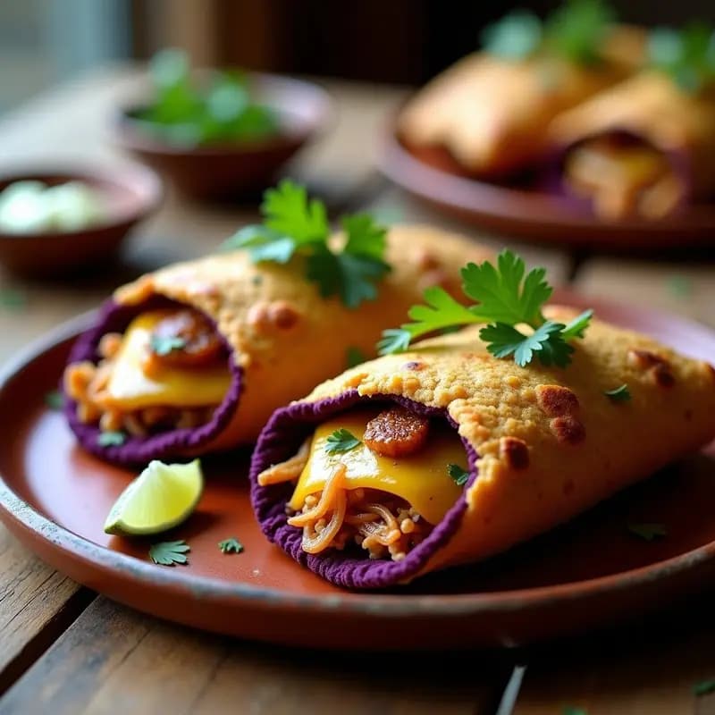 Arepas de maíz morado abiertas mostrando un relleno jugoso de pollo desmenuzado al chipotle y queso Oaxaca derretido, decoradas con cilantro fresco sobre un plato rústico de barro.