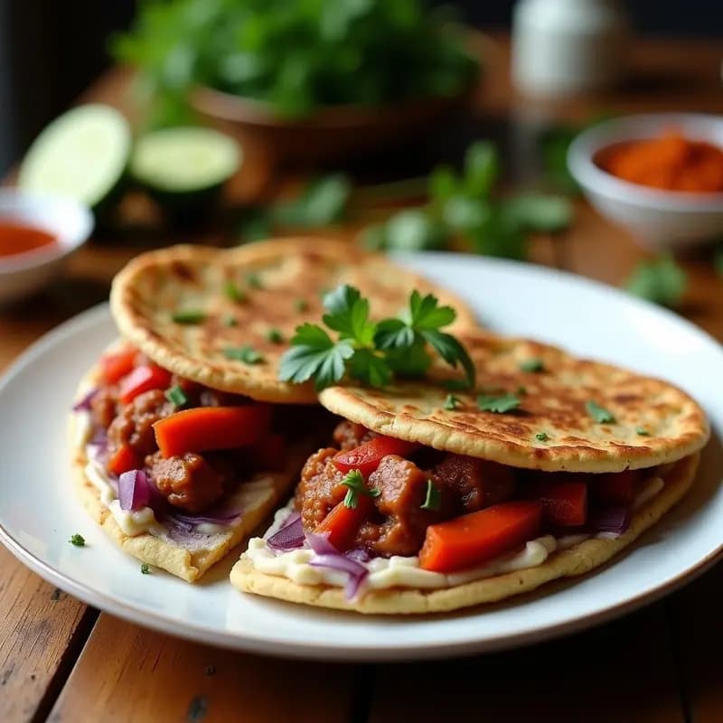 Plato con arepas de maíz morado doradas y abiertas, rellenas de guiso de pullman vegano con seitán, cebolla morada y pimiento rojo, decoradas con cilantro fresco. Receta colombiana sin gluten.