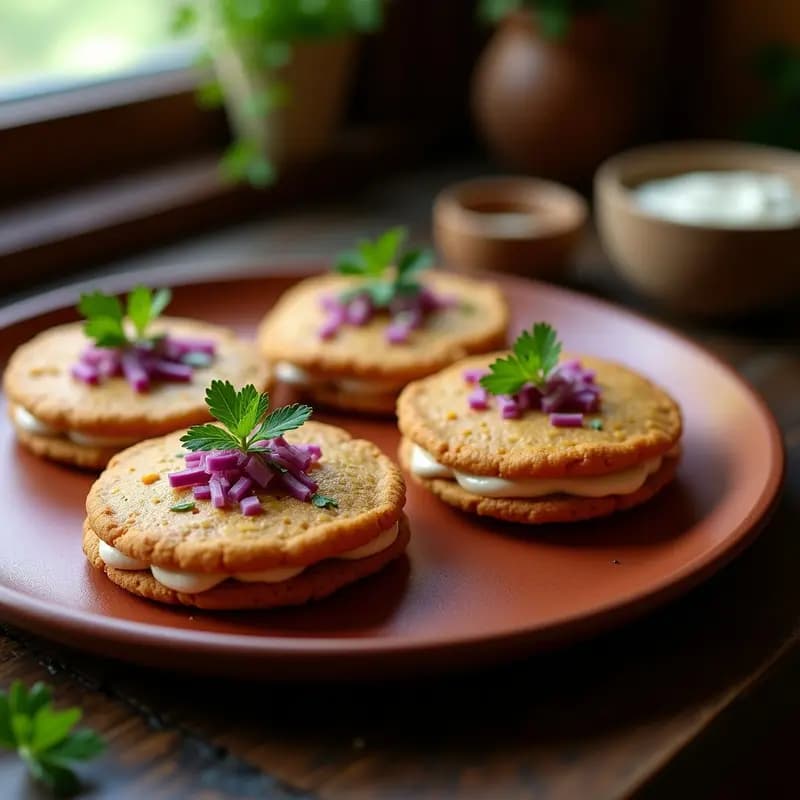 Arepas de maíz morado veganas y sin gluten, doradas y crujientes por fuera, rellenas de queso cremoso de anacardo, cebolla morada picada y cilantro fresco. Plato tradicional venezolano reinventado, servido en un plato de barro rústico con fondo de madera oscura.
