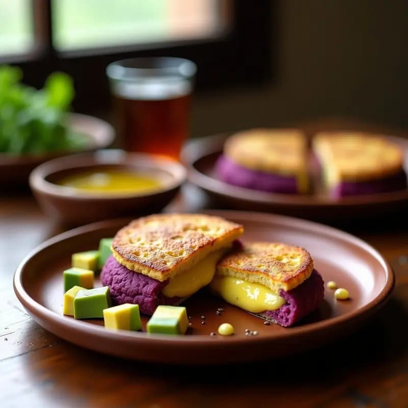 Arepas de maíz morado doradas y crujientes por fuera, rellenas de queso de casinga derretido, servidas en un plato de barro rústico con rodajas de aguacate y semillas de chía espolvoreadas. Receta colombiana sin lactosa cocinada en plancha.