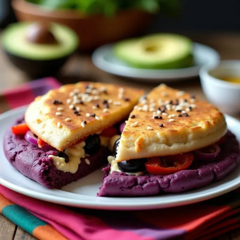 Arepas de maíz morado veganas con queso feta de tofu, cebolla morada salteada y semillas de sésamo negro, servidas en plato rústico con fondo de madera.