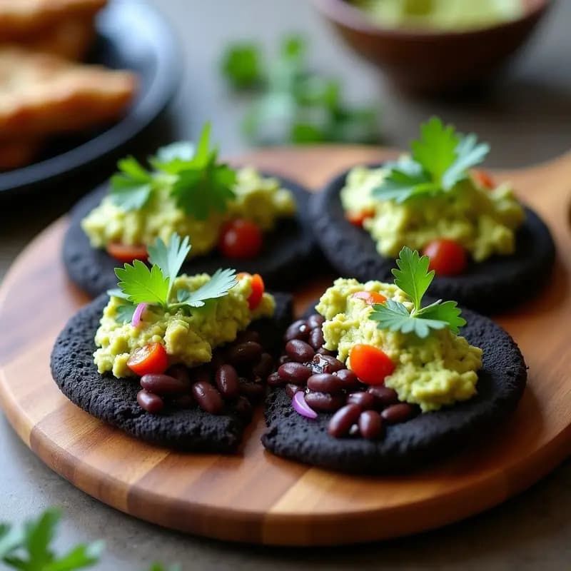 Plato con arepas de maíz negro abiertas, rellenas de guacamole cremoso y frijoles negros estofados, decoradas con cilantro fresco. Desayuno venezolano sin gluten, servido en tabla de madera rústica.