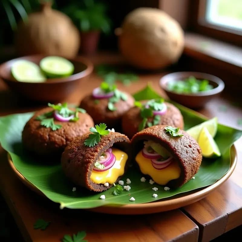 Arepas de maíz negro con costra dorada y crujiente, rellenas de queso guyanés derretido, cebolla morada y hierbas frescas. Plato caribeño sin gluten servido en un mantel de hojas de plátano.