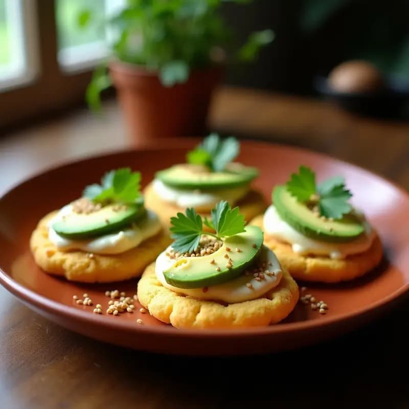 Arepas doradas y esponjosas de maíz rellenas de queso de búfala derretido y crema de aguacate verde, decoradas con cebollino fresco y aceite de oliva, servidas en un plato de madera rústico con fondo borroso de cocina gourmet.