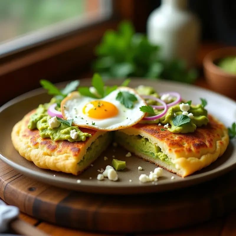 Arepas doradas de maíz y queso feta abiertas por la mitad, rellenas de aguacate cremoso verde y huevo pochado con yema líquida, decoradas con cilantro fresco y pimienta negra, sobre un plato de madera rústico con fondo borroso.