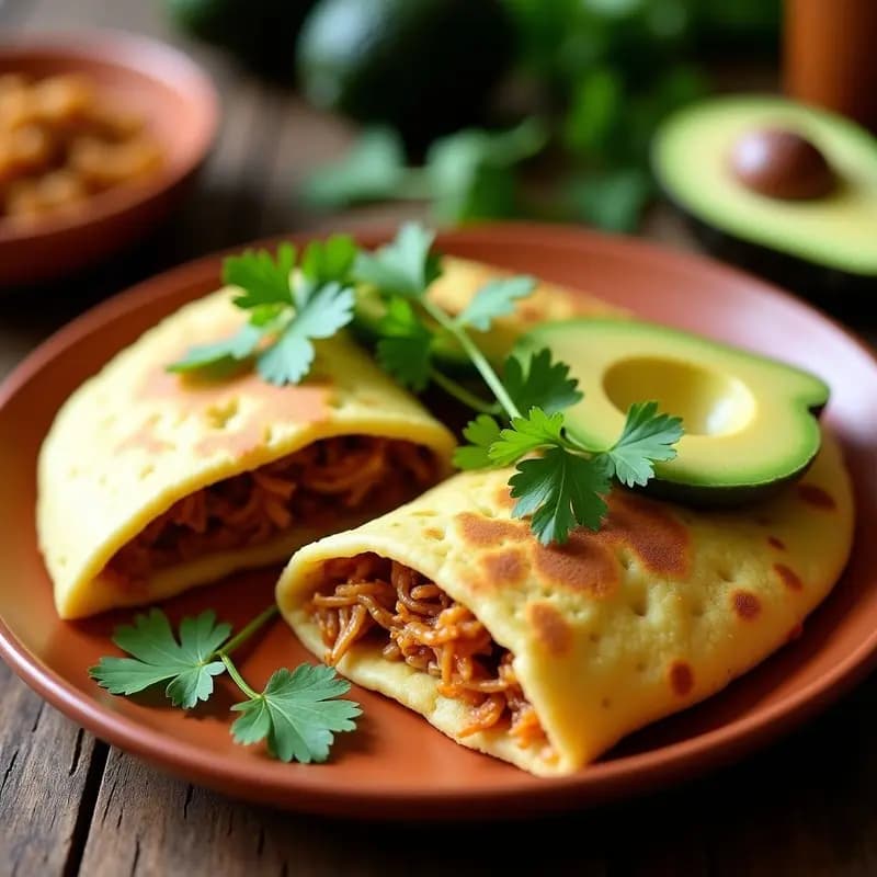 Arepas doradas de maíz ternero cortadas por la mitad, rellenas de jackfruit desmechado marinado en especias, con trozos de cebolla morada y pimiento rojo. Plato típico venezolano vegano, servido en un plato de barro con cilantro fresco.