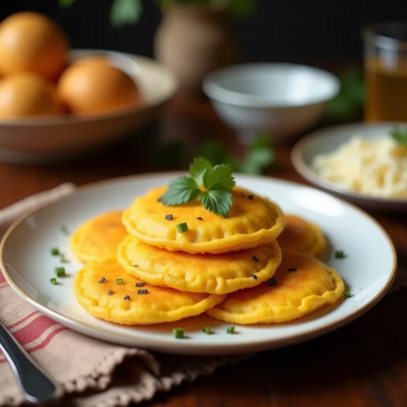 Arepas doradas y crujientes de maíz tierno rellenas de queso guayanés derretido, servidas en un plato de madera rústico con un fondo de cocina venezolana tradicional. Receta de desayuno en airfryer sin aceite.
