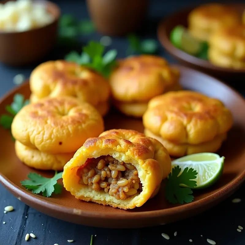 Arepas doradas y crujientes de maíz tostado rellenas de carimañola desmenuzada, servidas en un plato rústico con cilantro fresco y rodajas de limón, receta colombiana fusion.
