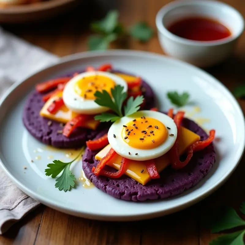 Plato blanco con dos arepas de maíz morado abiertas, rellenas de queso andino derretido, pimentón rojo y cebolla morada, coronadas con huevo escabechado en vinagre de uva y cilantro fresco. Desayuno peruano gourmet colorido y apetitoso.