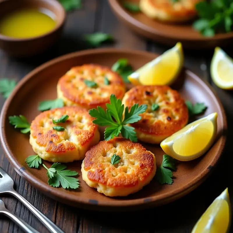 Arepas doradas de ñame abiertas por la mitad, rellenas de una mezcla de atún desmenuzado, cebolla morada, cilantro fresco y especias, servidas en un plato de madera rústico con fondo de cocina colombiana tradicional.