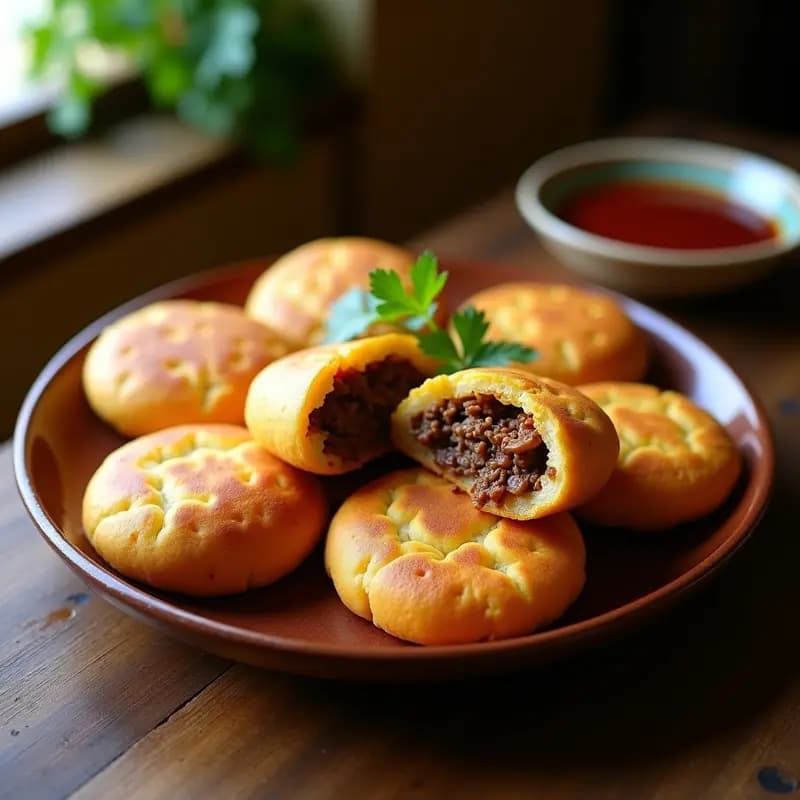 Arepas doradas y crujientes de ñame rellenas de carne mechada colombiana, servidas en un plato de barro con ají picante al lado, receta sin gluten tradicional.