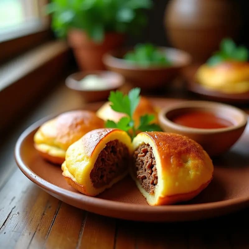 Arepas doradas de ñame rellenas de carne de res desmenuzada, servidas en un plato de barro con hogao criollo al lado. Desayuno colombiano energético y sin gluten.