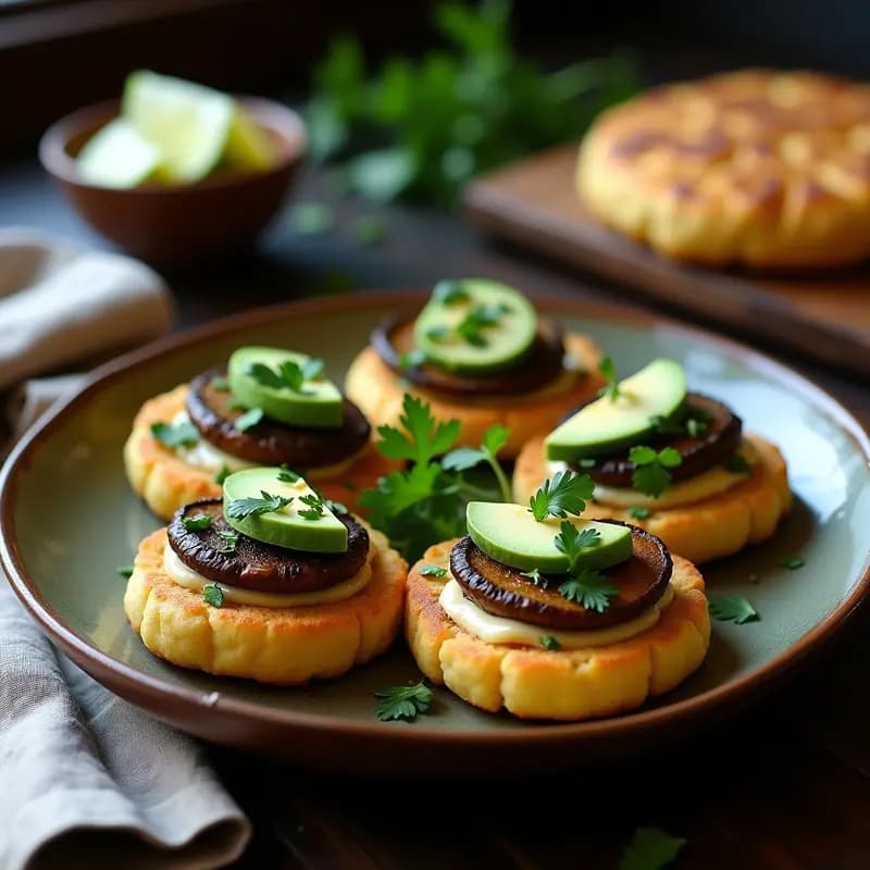 Arepas doradas y crujientes de ñame rellenas de champiñones portobello salteados, servidas en un plato de barro con aguacate, cilantro fresco y semillas de chía, receta vegana y sin gluten.