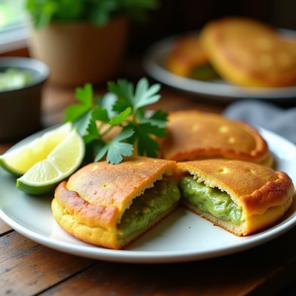 Arepas doradas de ñame y semillas de chía rellenas de guasacaca cremosa, servidas en un plato de cerámica blanca con rodajas de limón y hierbas frescas. Receta de arepas de ñame y chía con guasacaca, desayuno vegano y sin gluten.