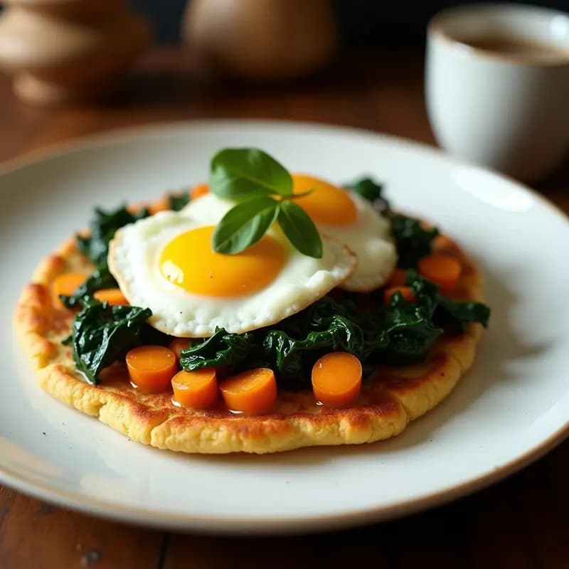 Arepas doradas de ñame y espinacas servidas en plato de madera con aguacate en rodajas y semillas de sésamo, desayuno colombiano sin gluten y rico en hierro.
