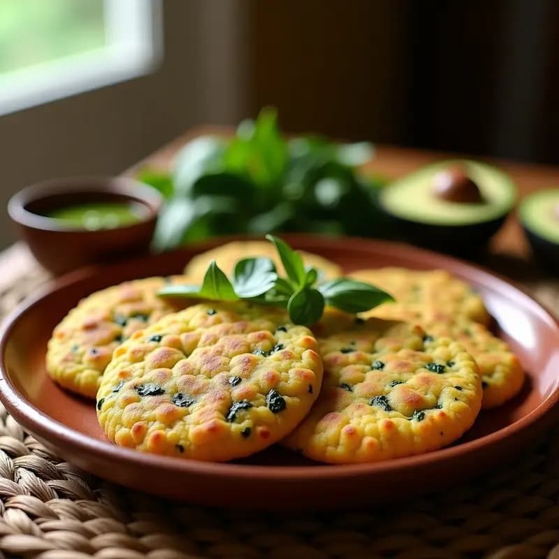 Arepas venezolanas doradas de ñame morado y espinacas, con semillas de girasol y chía visibles en la masa, servidas en un plato de barro con aguacate y salsa verde al lado. Receta sin harina y alta en hierro.