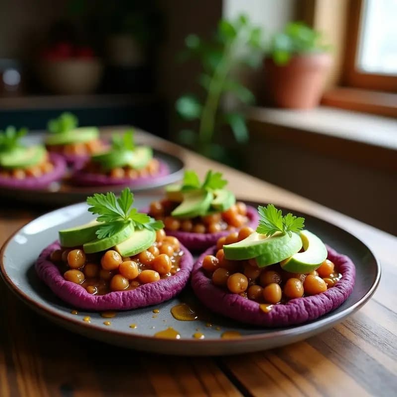 Plato con dos arepas de ñame morado cortadas por la mitad, rellenas de garbanzos especiados y crema de aguacate, decoradas con cilantro fresco sobre fondo rústico de madera.