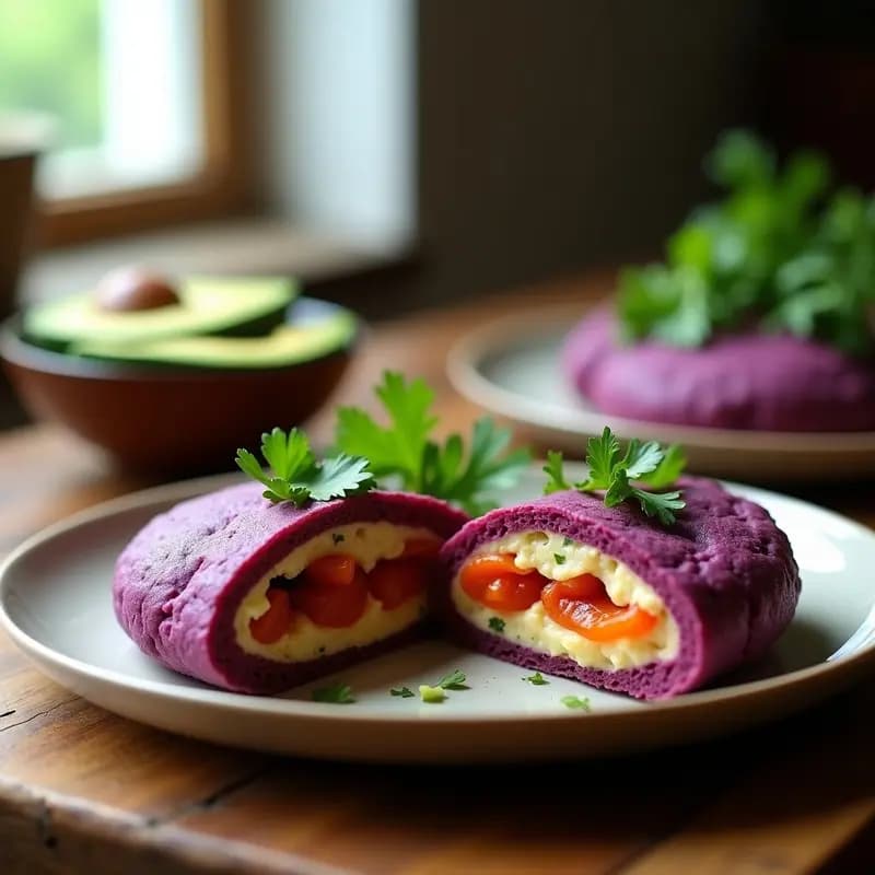 Arepas de Ñame Morado y Queso de Anacardo veganas, doradas y crujientes por fuera, rellenas de cremoso queso de anacardo, pimentón rojo y cebolla morada, decoradas con cilantro fresco sobre un plato de madera rústico.