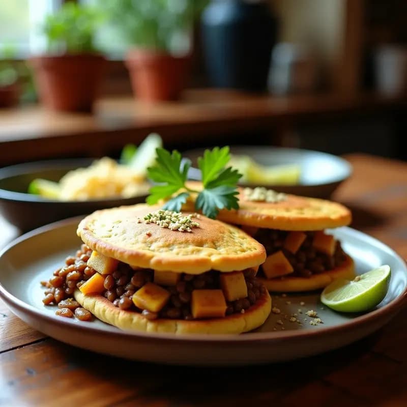 Arepas venezolanas de ñame doradas y rellenas de pabellón vegano con lentejas estofadas, berenjena asada, plátano caramelizado, aguacate y cilantro fresco sobre un plato de madera rústico.