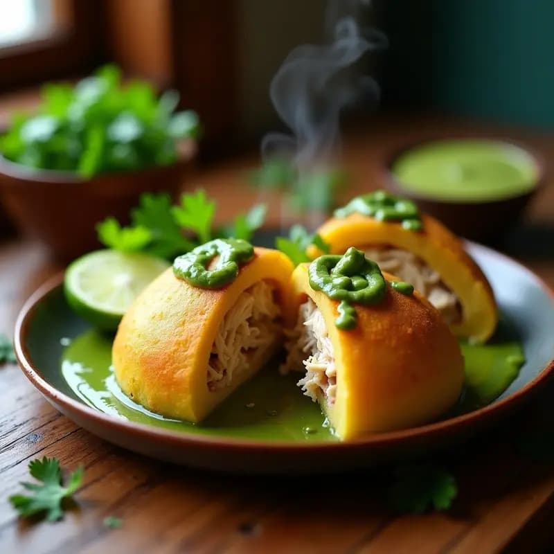 Arepas doradas de ñame abiertas por la mitad, rellenas de pollo desmenuzado jugoso y bañadas en mojo verde aromático, servidas en un plato de barro sobre una mesa rústica con hierbas frescas de fondo.