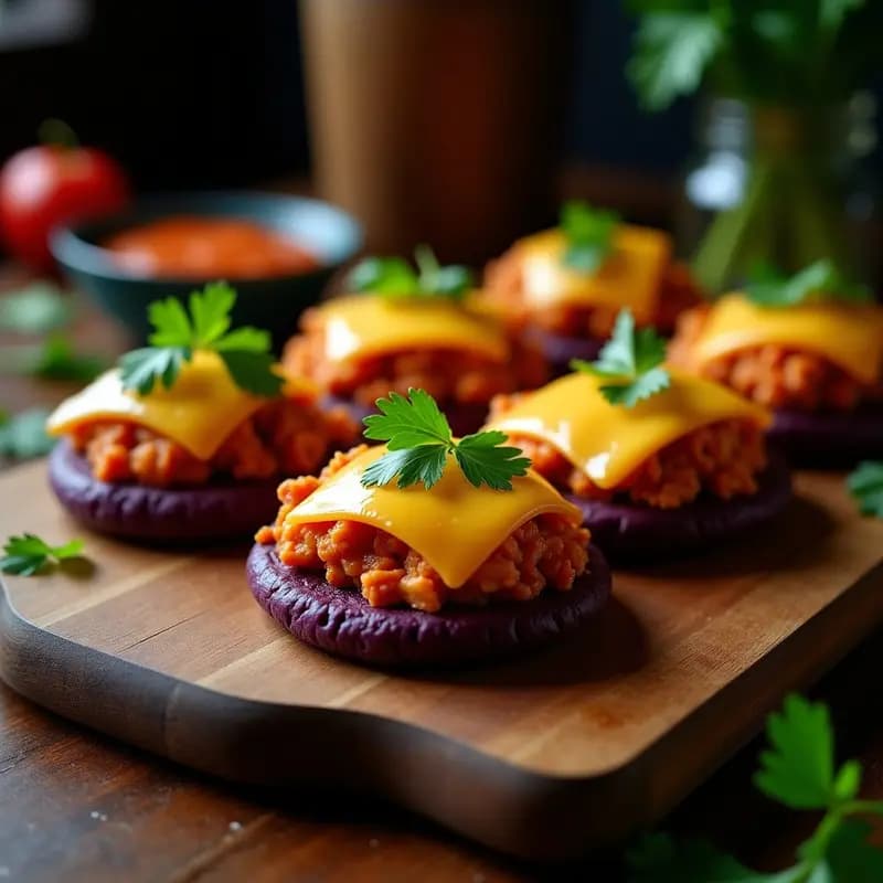 Arepas doradas de ñame abiertas por la mitad, rellenas de pollo guisado especiado con cebolla, pimentón y cilantro, cubiertas con queso Guaribe derretido y gratinado. Plato tradicional dominicano-venezolano servido en un plato de barro rústico.