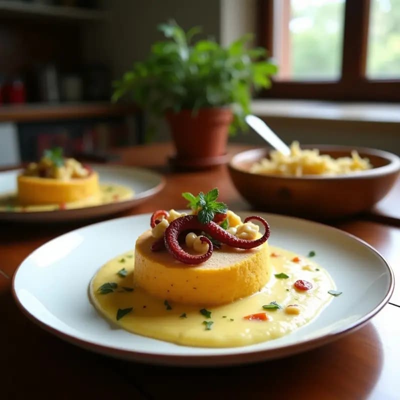 Arepas doradas de ñame abiertas por la mitad, rellenas de pulljack desmenuzado bañado en una salsa cremosa de moqueca de coco, decoradas con cilantro fresco y servidas en un plato de barro rústico.