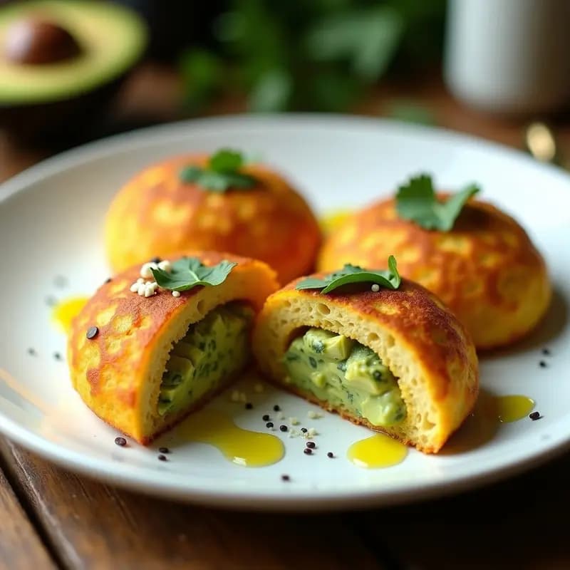 Arepas doradas de ñame y queso de cabra keto cortadas por la mitad, rellenas de cremoso aguacate verde con semillas de chía negras y cilantro fresco, servidas en un plato de cerámica blanca sobre fondo rústico.