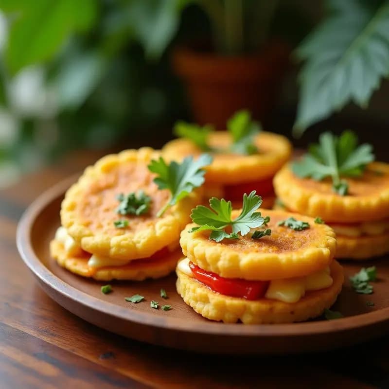Arepas doradas de ñame rellenas de queso de caju cremoso y pimiento rojo asado, servidas en un plato de madera con cilantro fresco espolvoreado. Receta caribeña vegana y sin gluten hecha en Thermomix.