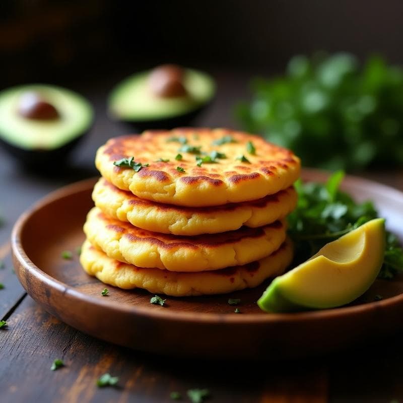Arepas doradas de ñame y queso de castañas keto, apiladas en un plato de madera rústico, con textura esponjosa y dorada, acompañadas de aguacate en rodajas y hierbas frescas. Receta colombiana sin gluten.