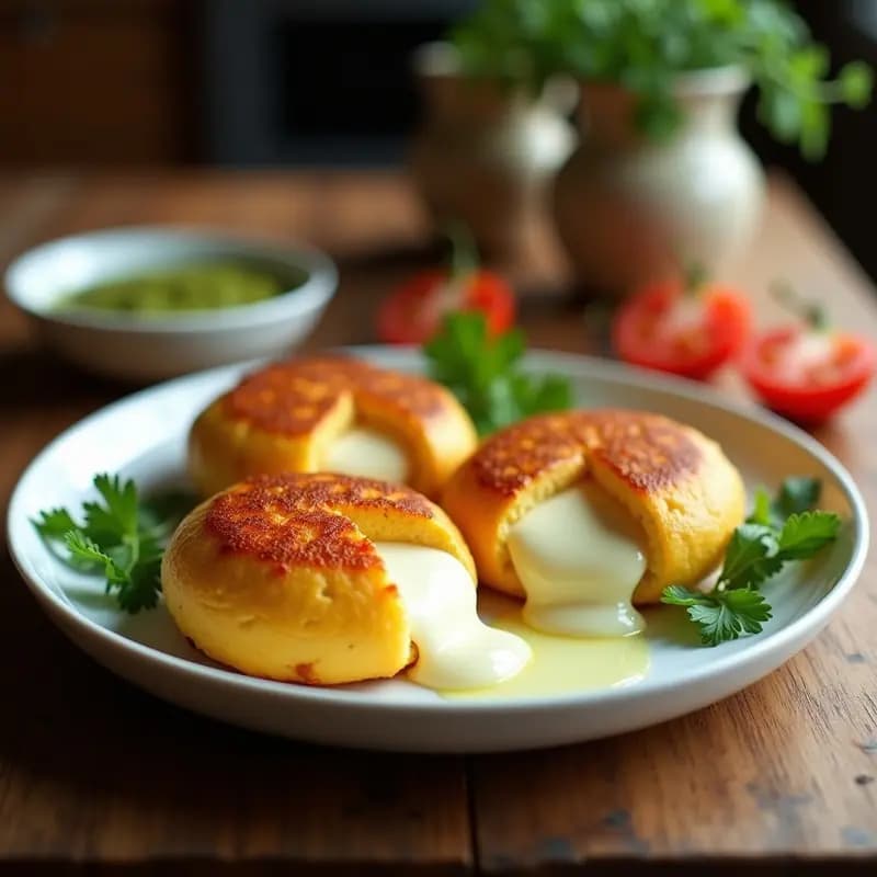 Arepas doradas de ñame rellenas de queso mozzarella derretido, servidas en un plato blanco con hojas de perejil fresco y rodajas de tomate, receta venezolana sin gluten en airfryer.