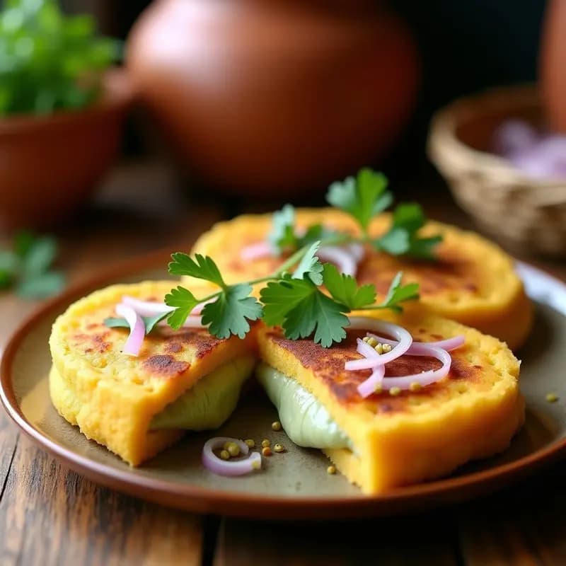 Arepas doradas de ñame rellenas de queso cremoso de semillas de calabaza, decoradas con cilantro fresco y cebolla morada, servidas en un plato de cerámica rústica con fondo de cocina colombiana tradicional.