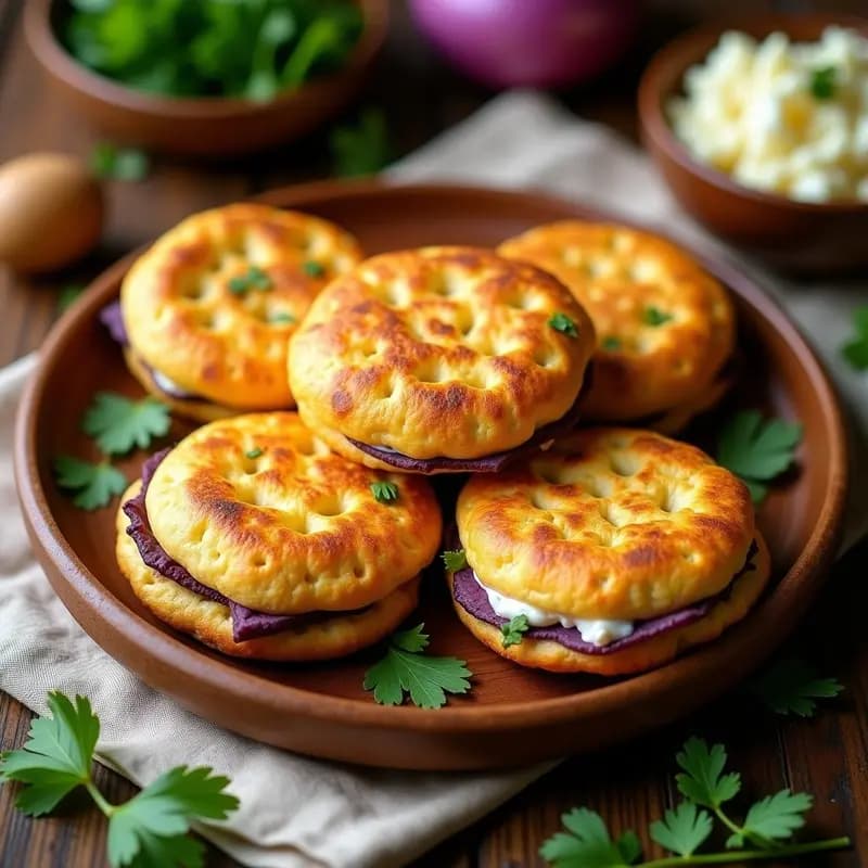 Arepas doradas de ñame morado rellenas de queso de soja desmenuzado con cebolla morada y cilantro, servidas en un plato de madera rústico con fondo de cocina colombiana tradicional.