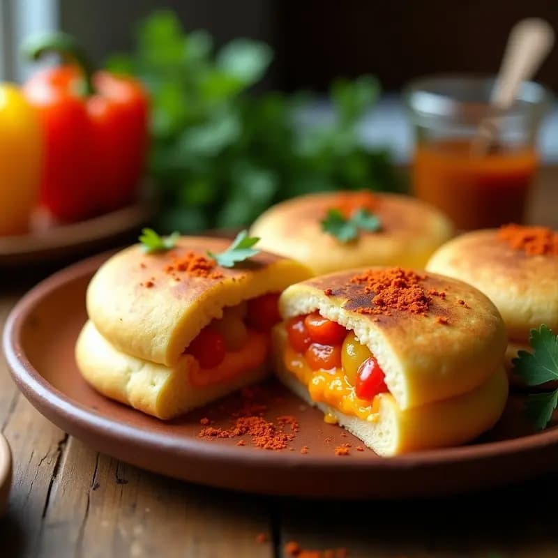 Arepas doradas de ñame rellenas de queso de soja blanco y pimientos asados rojos y amarillos, servidas en un plato de barro con hojas de cilantro, receta venezolana sin gluten y vegana.