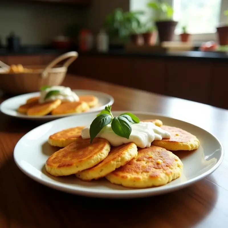 Arepas doradas abiertas por la mitad rellenas de pabello venezolano (carne mechada con cebolla y pimiento), queso blanco desmenuzado y rodajas de plátano maduro caramelizado, servidas en un plato rústico sobre una mesa de madera con fondo borroso.