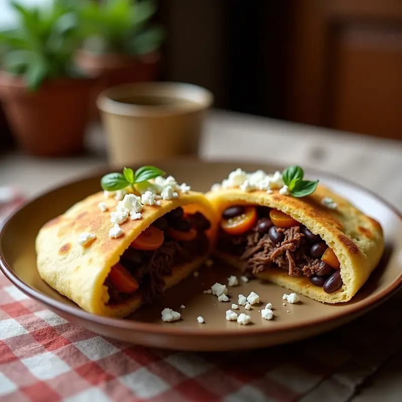 Arepas doradas rellenas de pabellón criollo, con carne mechada, frijoles negros, plátano maduro y queso blanco, servidas en un plato rústico de barro, receta venezolana en olla lenta.