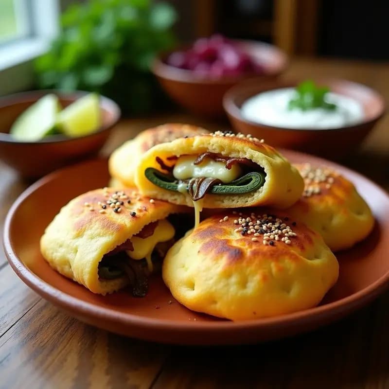 Arepas doradas y crujientes rellenas de pablano asado y queso Oaxaca derretido, servidas en un plato de barro con cebolla morada salteada. Receta colombiana-venezolana en airfryer.